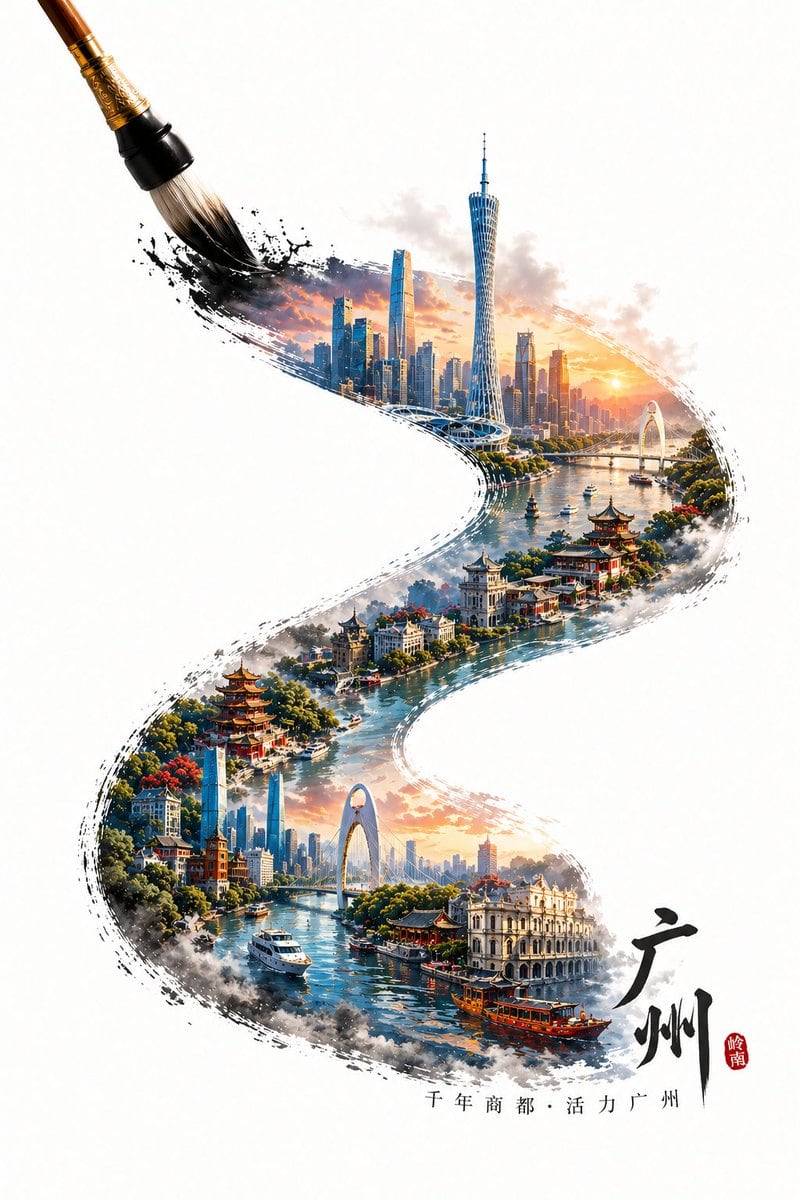 一套精妙的提示词,用于创作 3D 高饱和度城市海报,通过书法笔触勾勒出城市地标与传统建筑的微缩景观。