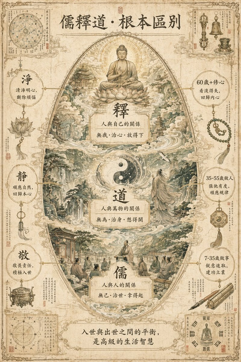 A highly detailed and complex prompt for an infographic designed as an ancient mythological manuscript, explaining the differences between Confucianism, Taoism, and Buddhism.