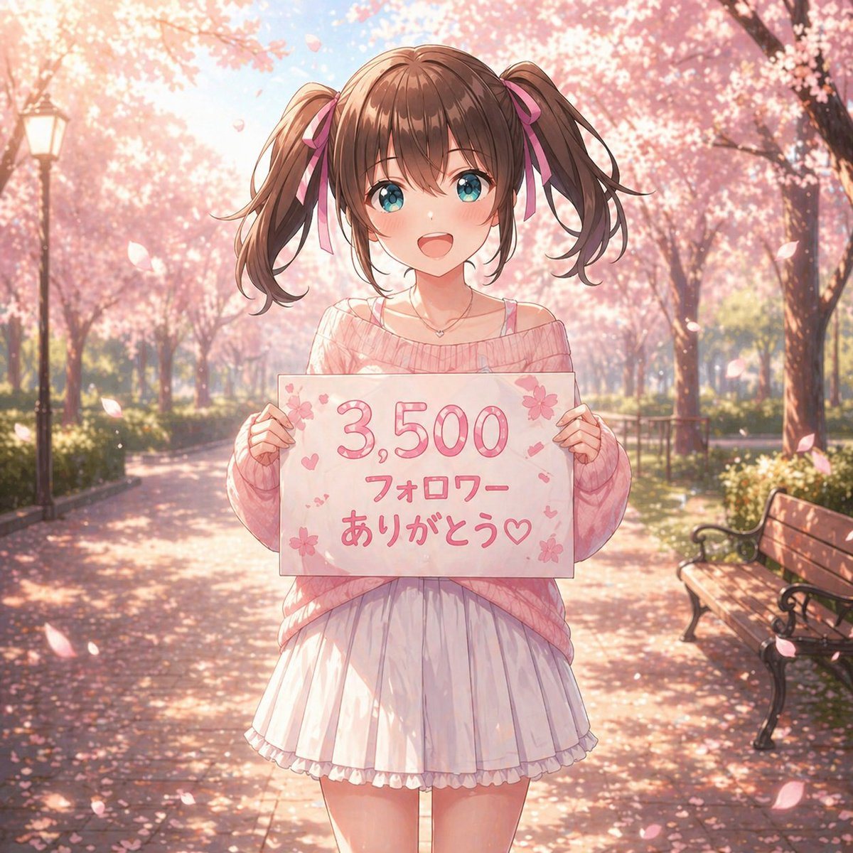 A soft, dreamy anime illustration of a cute teenage girl standing centered on a park path lined with blooming cherry blossom trees in full spring. She faces the viewer and holds a handmad...