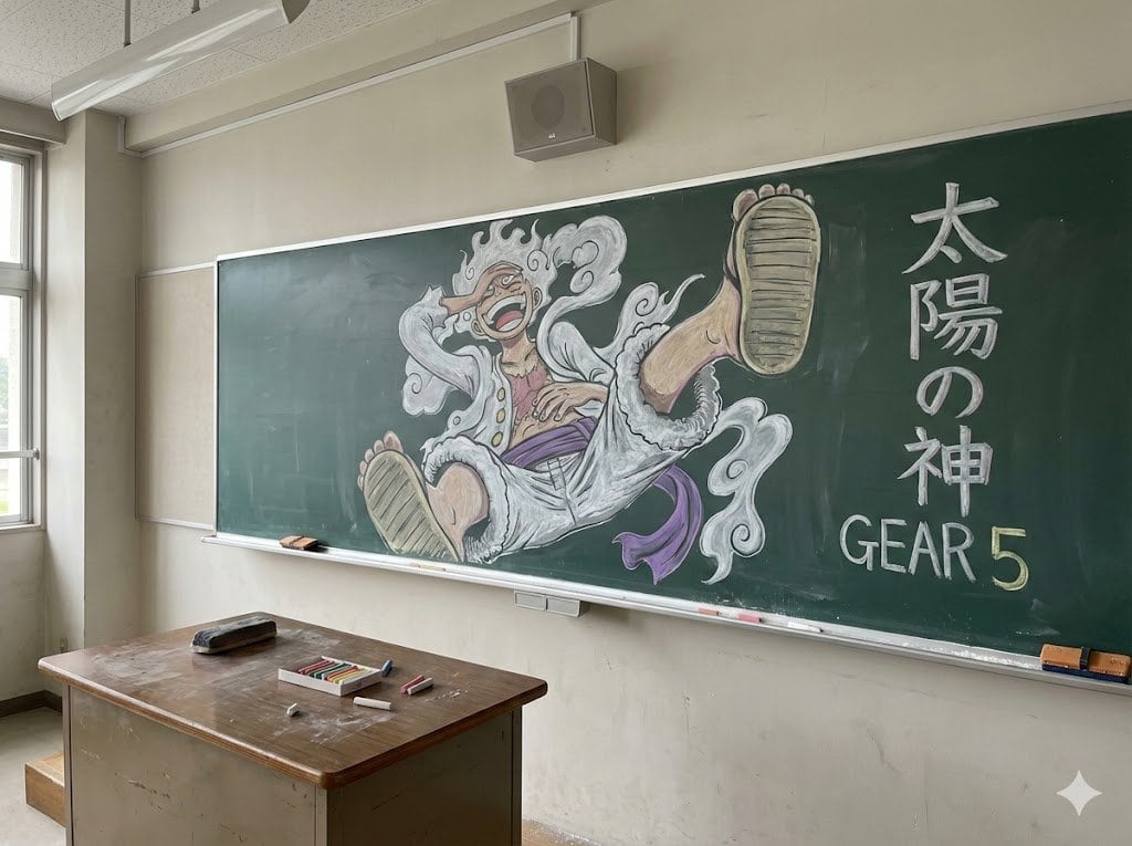 A photorealistic Japanese classroom interior shot in soft daytime light, viewed from the front-left corner at a slight angle, with an old green chalkboard dominating the wall. On the chal...