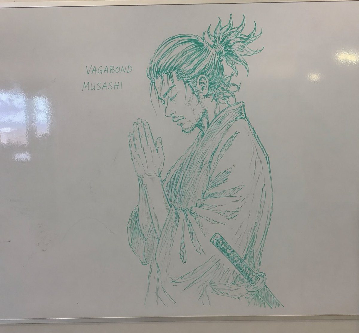 Generates a realistic photograph of a highly detailed anime-style sketch drawn on a glossy whiteboard with dry-erase marker.