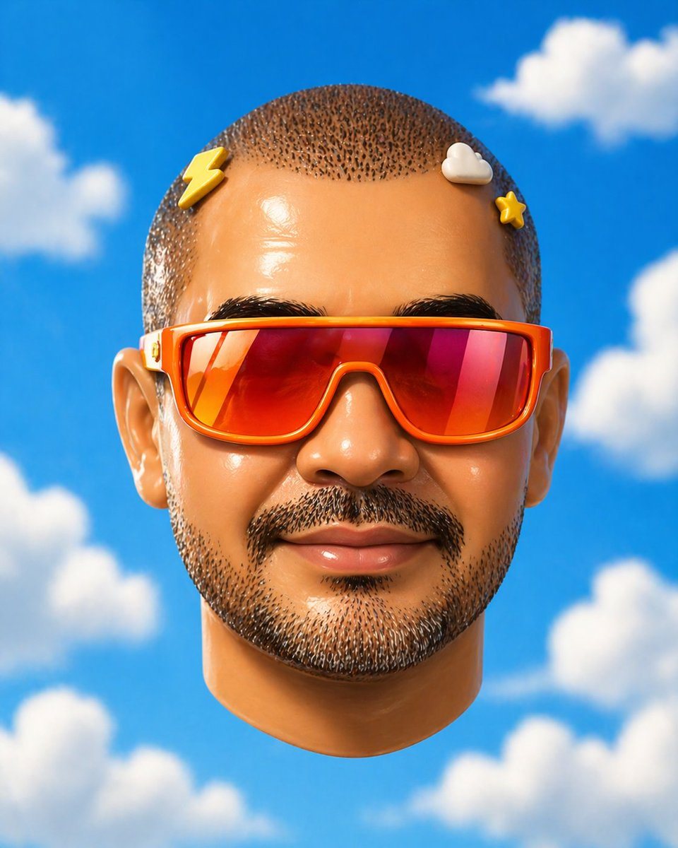 A surreal studio portrait of a floating human head seen straight-on, centered in the frame against a vivid saturated blue sky with soft fluffy white clouds. The face is entirely obscured...