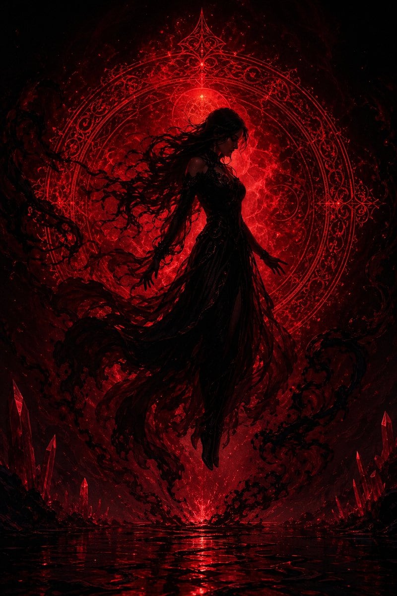 A dark fantasy illustration of a single floating woman centered in the frame, shown as a near-black silhouette against an intense glowing crimson background. She hovers a little above a r...