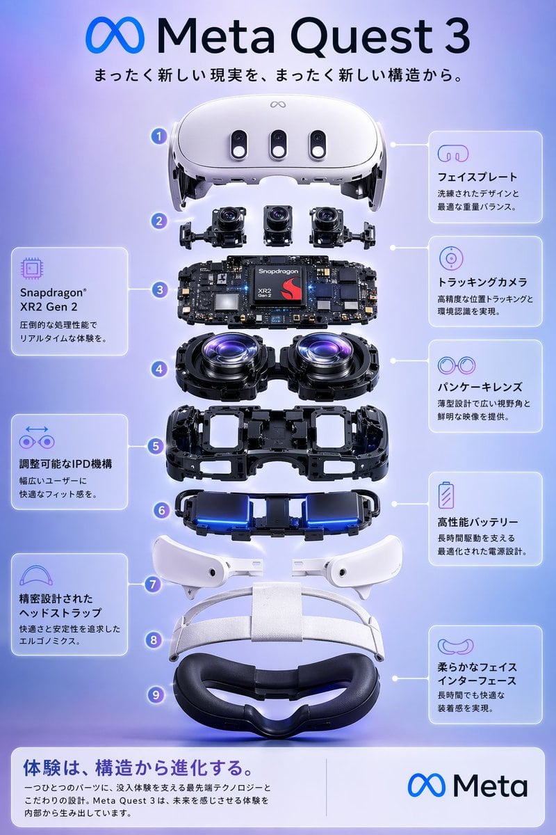 一张精致的日式产品信息图,展示了 VR 头显的 9 层爆炸视图及硬件标注,非常适合科技营销或产品演示视觉效果。