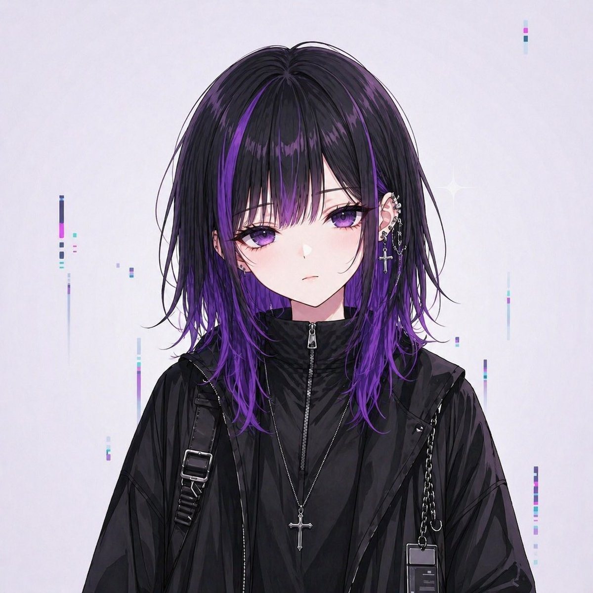 A centered anime-style bust portrait of an androgynous young person facing forward against a clean pale gray-white background. The composition is square and designed like a social media i...