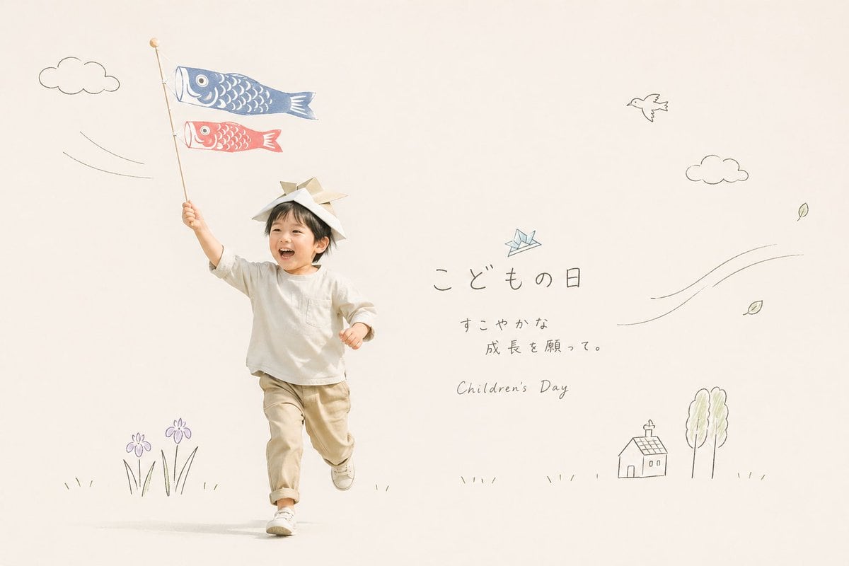 A soft, airy studio photograph on a warm off-white background with a minimalist Japanese greeting-card aesthetic. Show a small child, about toddler to preschool age, running joyfully towa...