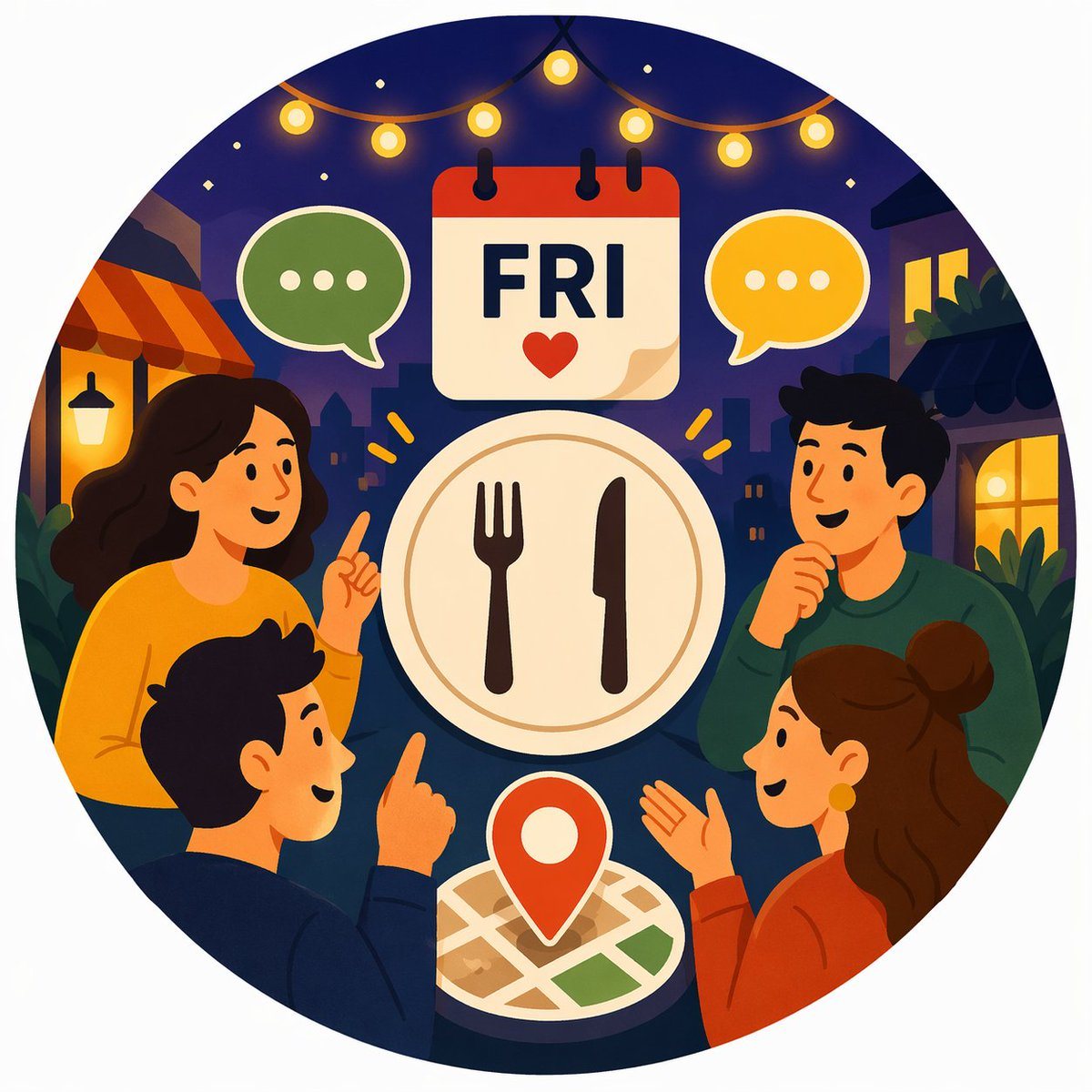 Generate an image for the profile picture of a WhatsApp group where the Friday dinner and restaurant are decided.