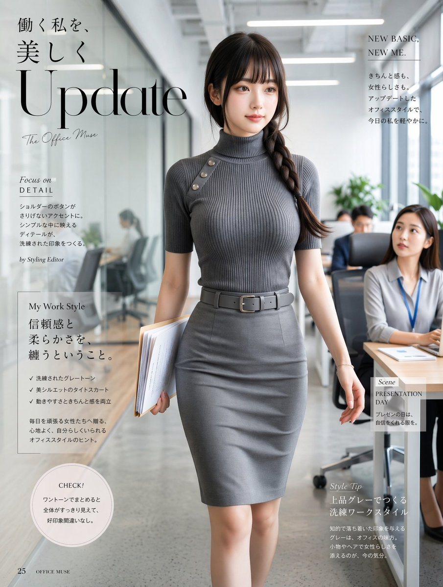 A refined Japanese fashion magazine editorial cover set inside a bright modern office corridor, featuring a full-body portrait of a beautiful professional woman walking confidently toward...