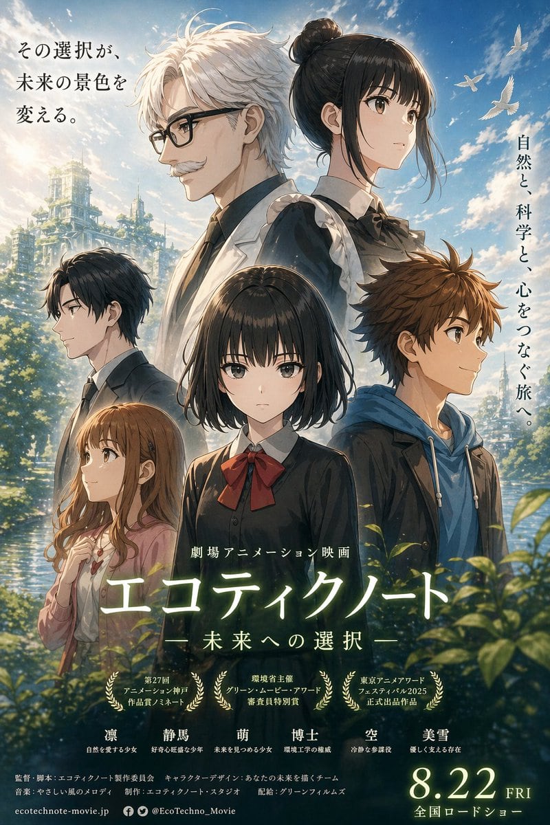 此提示词可生成一张电影感十足的日本动画电影海报，包含六个构图精良的角色、充满戏剧性的环境叙事，以及完美融合的剧场版海报排版。