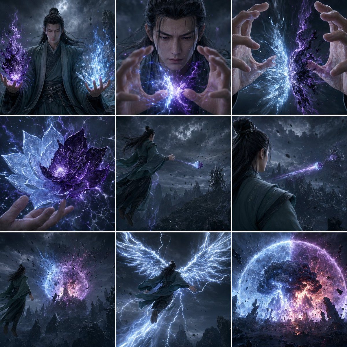 A 9-panel cinematic fantasy storyboard showing a robed cultivator forging a blue-and-purple lotus spell and unleashing it in a catastrophic mountain-shattering attack, ideal for action concept art or animation planning.