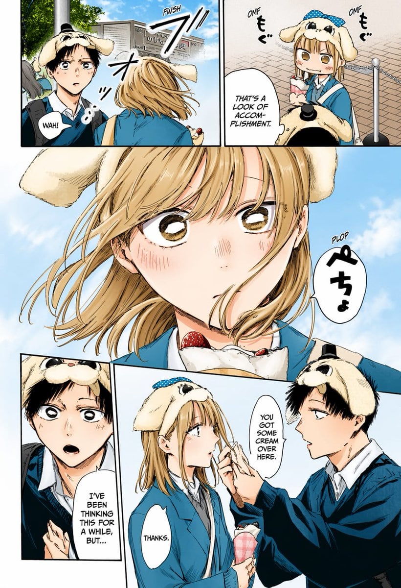 此提示词可生成一张全彩多格漫画页面，描绘了充满浪漫喜剧色彩的校园约会场景，非常适合漫画上色测试和动漫插画创作。