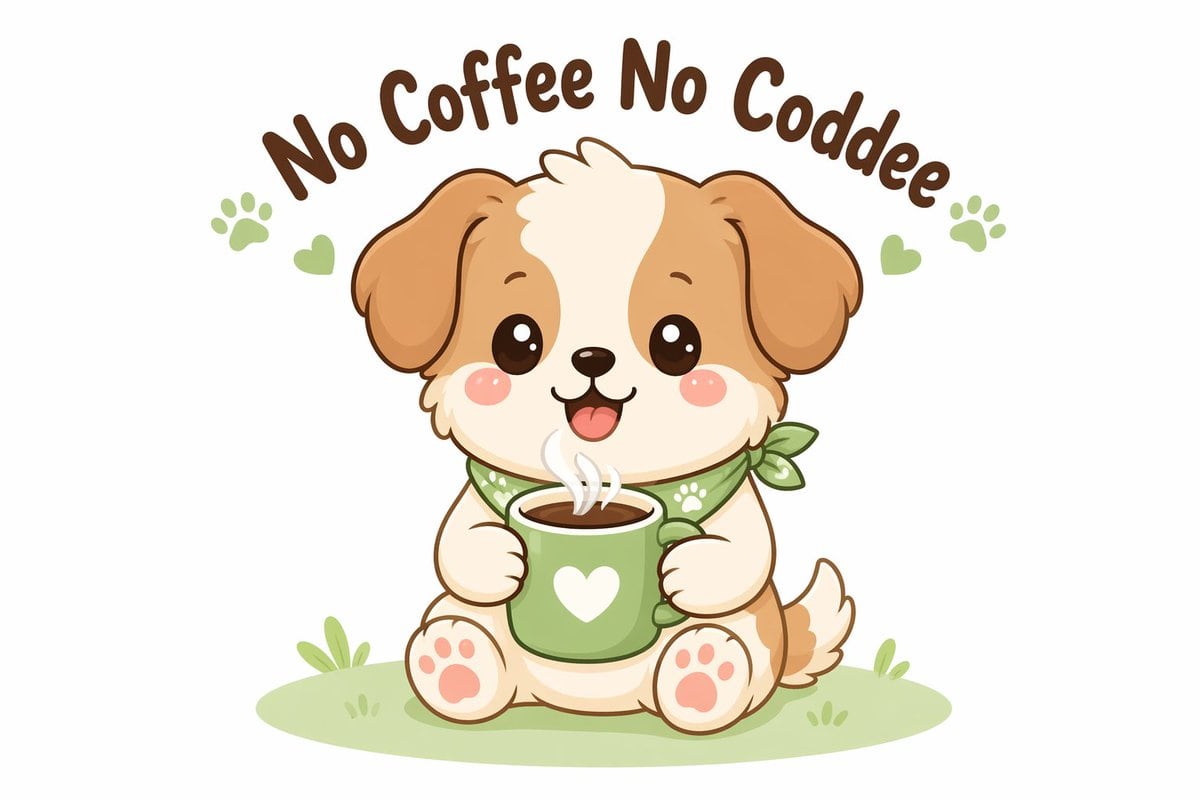a cute kawaii cartoon dog holding a steaming coffee mug, same white background with soft light green ground, centered composition, flat 2D vector illustration, soft outlines, pastel color...