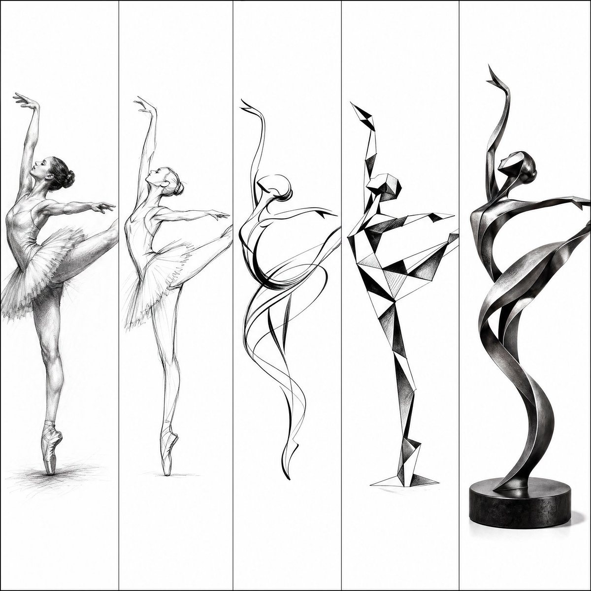 Artistic progression in five vertical panels: from realistic sketch to modern abstract sculpture of a ballerina in arabesque pose. 1. Detailed pencil sketch of ballerina on pointe, elegan...