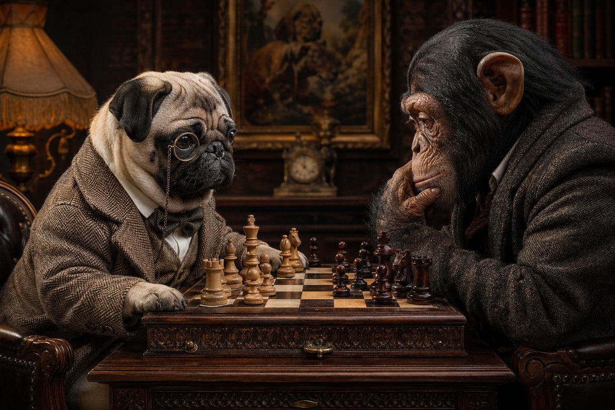 A highly detailed cinematic portrait of an anthropomorphic pug and a chimpanzee sitting across from each other playing chess in a dim, old-world Victorian study. The dog is on the left, s...