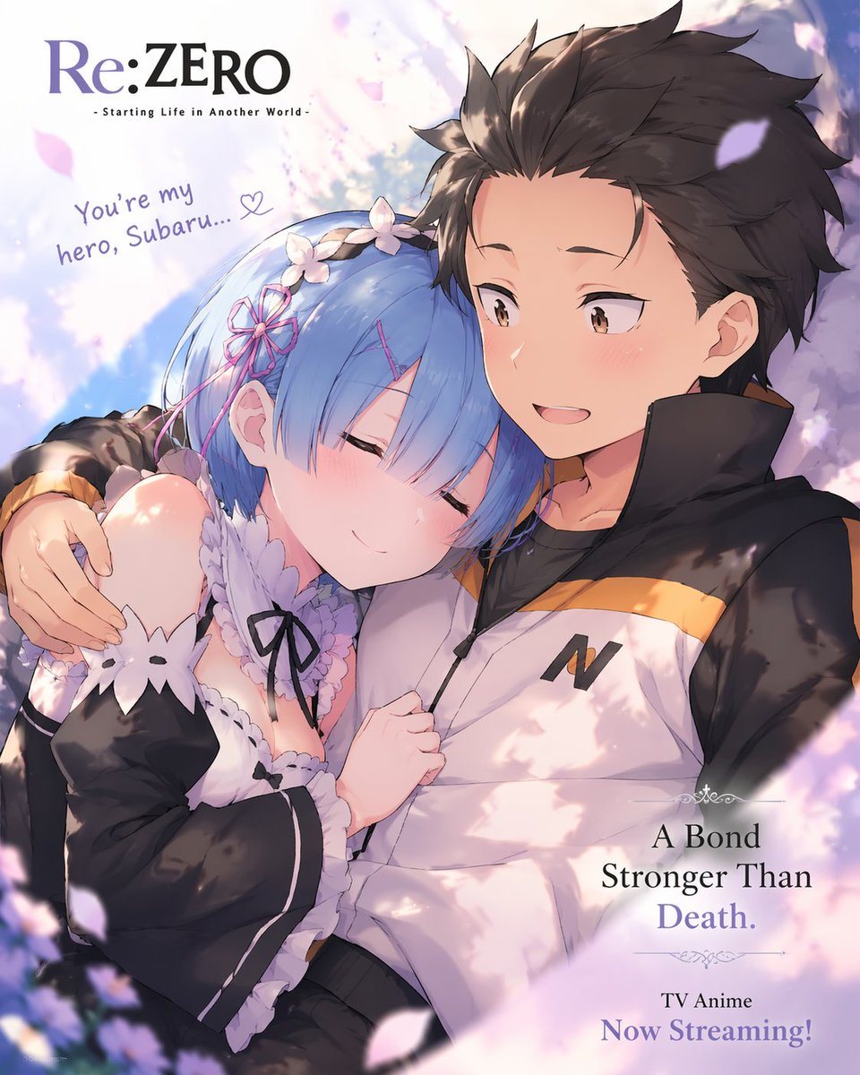 An anime promotional poster featuring a tender embrace between a young woman with short light blue hair in a black and white maid outfit and a young man with short black hair wearing a wh...