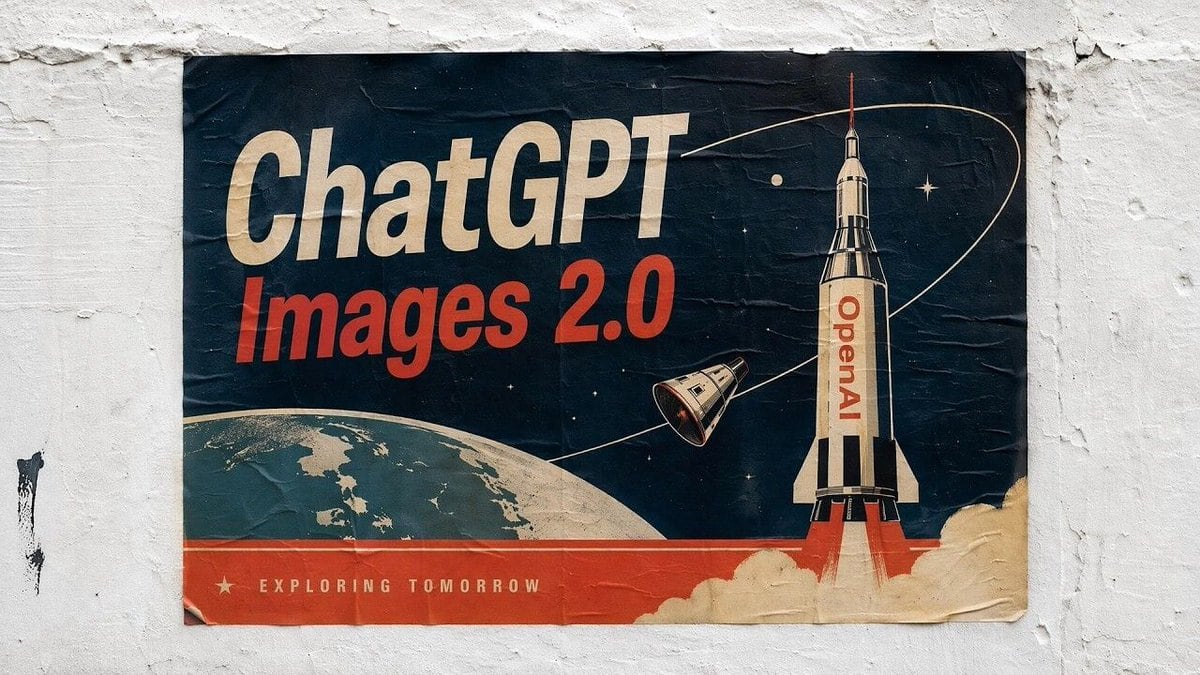 A retro-futurist propaganda-style poster pasted on a rough white plaster wall, photographed straight-on in natural light. The poster is slightly wrinkled, creased, and weathered with worn...