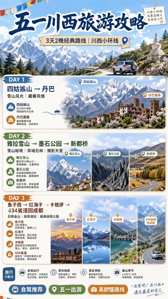 根据简单的自然语言行程描述,生成高质量的旅行路线信息图。