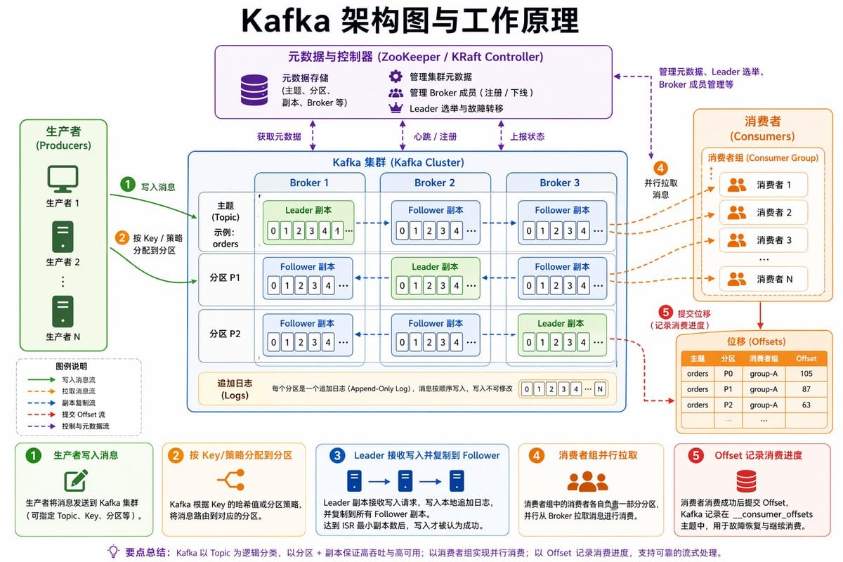 一个用于生成 Kafka 软件架构清晰可视化图表的提示词,包含核心组件。