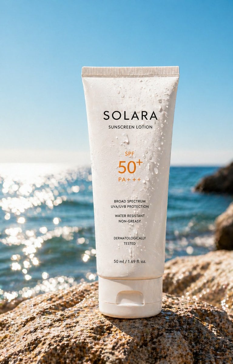 A minimalist, high-definition stock photo prompt for luxury skincare branding set against a coastal backdrop.