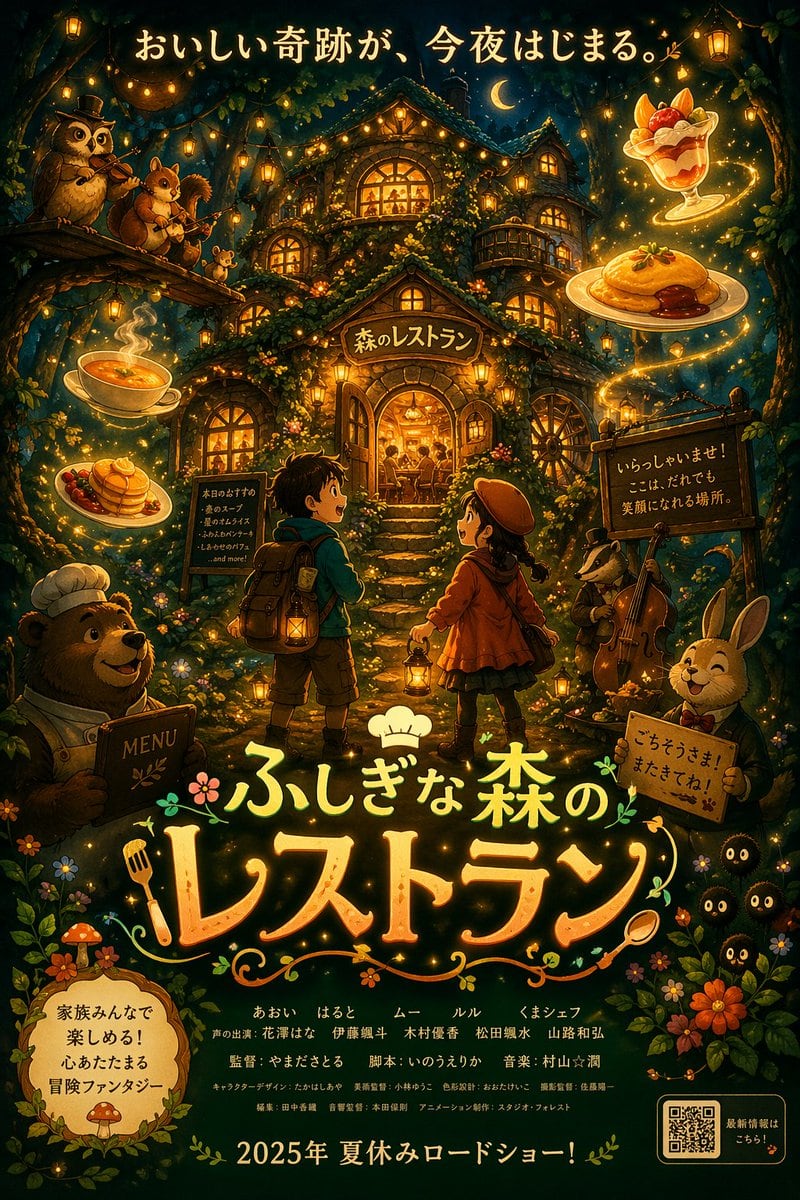 A highly detailed, text-heavy anime movie poster featuring a magical forest restaurant, characters, and customizable promotional typography.