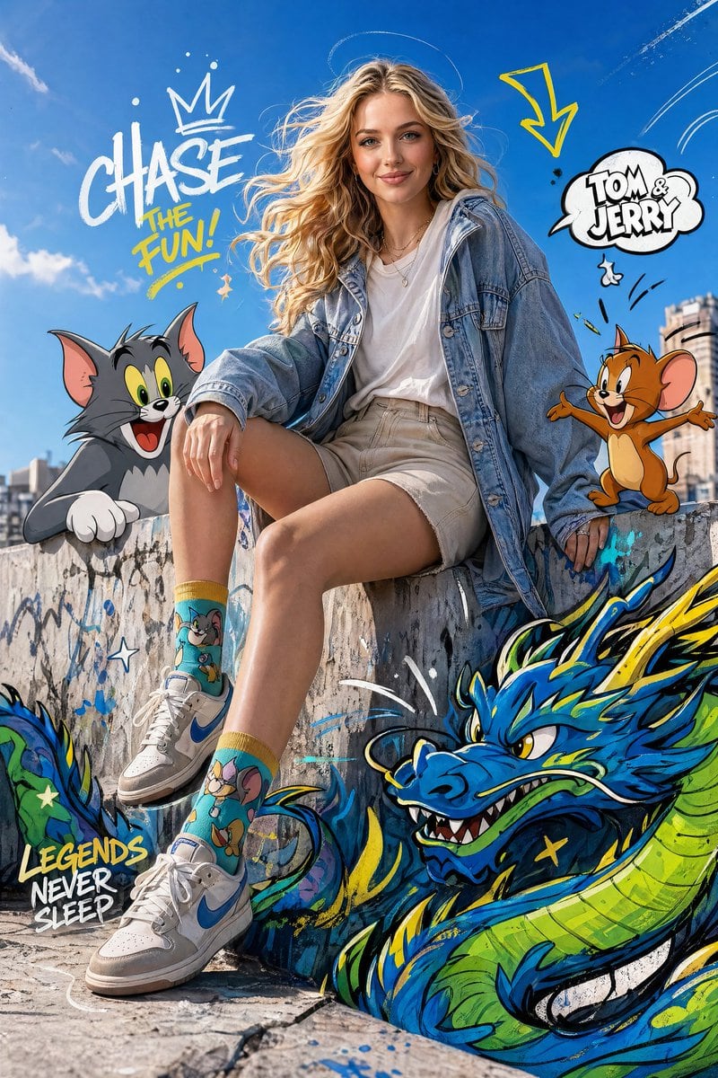 A complex mixed-media fashion prompt that blends photorealistic models with integrated classic cartoon characters and graphic doodles.