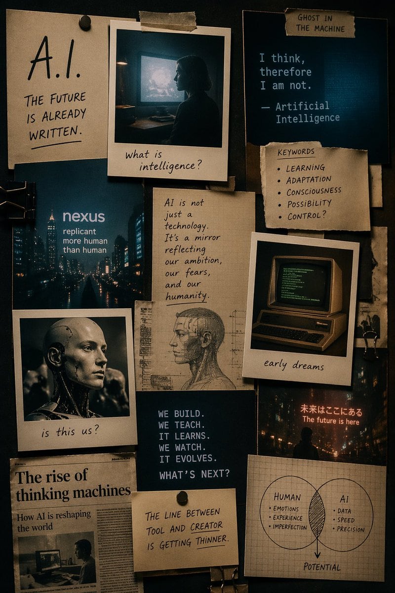 Make a mood board about AI, cinematic style, use nostalgic stuff like Polaroids Portrait mode