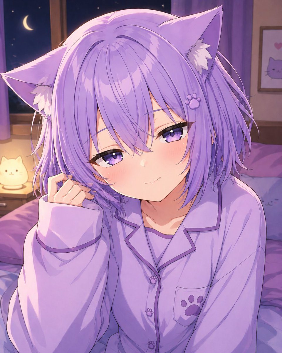 A soft anime-style bedroom portrait of Nekomata Okayu, shown from the chest up sitting on a bed at night, centered in the frame. She has short fluffy lavender hair with layered bangs part...