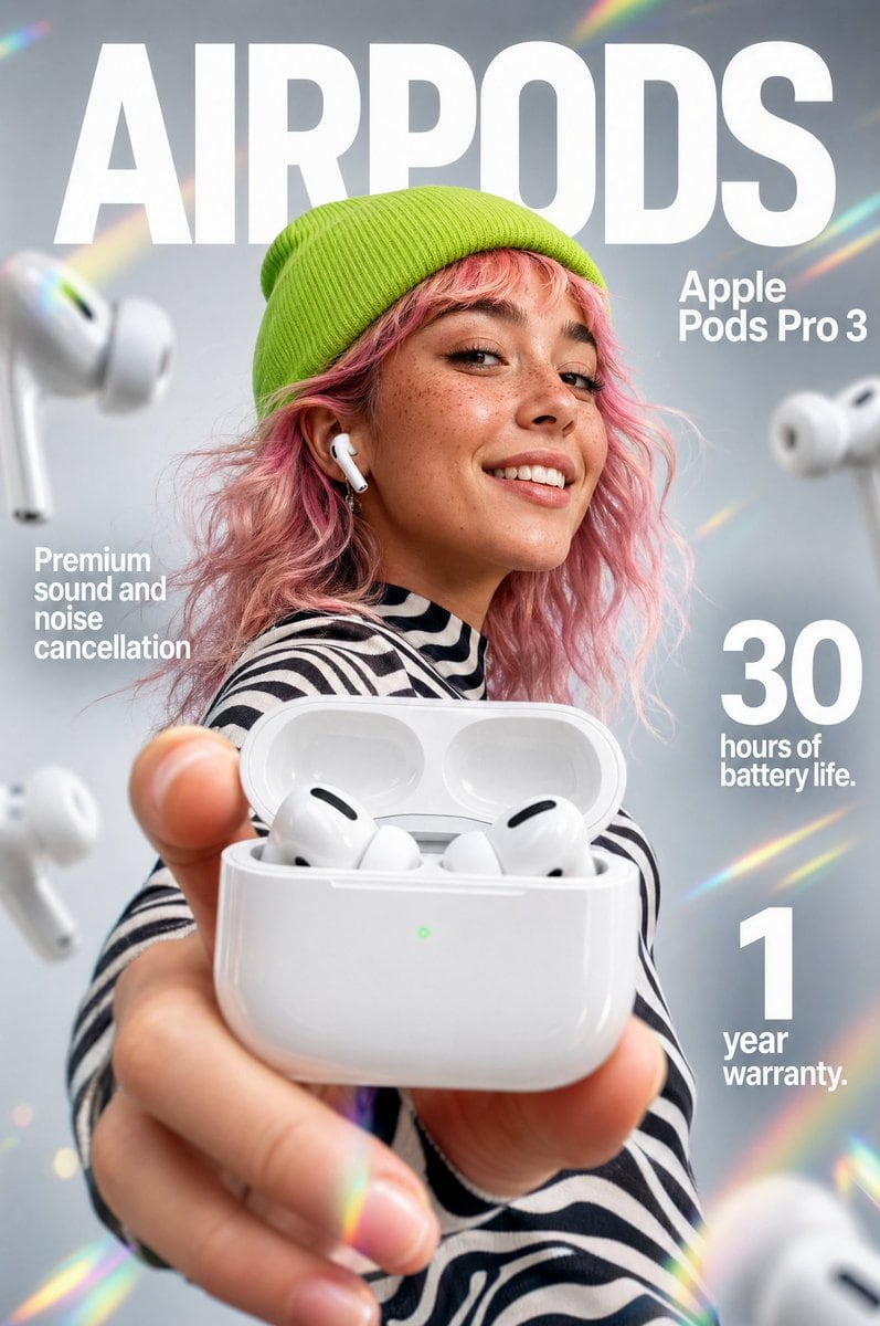 High-impact e-commerce infographic for "Apple Pods Pro 3" wireless earbuds. Foreground: An extreme close-up of a hand holding an open, glossy white wireless earbud charging case toward th...