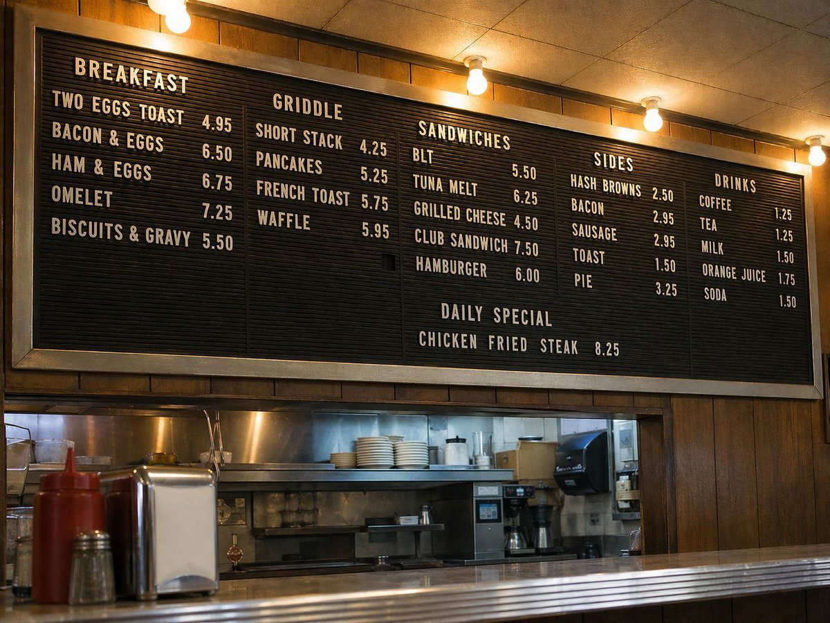 Using the provided reference image, replace the train interior scene with a straight-on, documentary-style photograph of a classic American diner counter wall. Remove the person, window r...