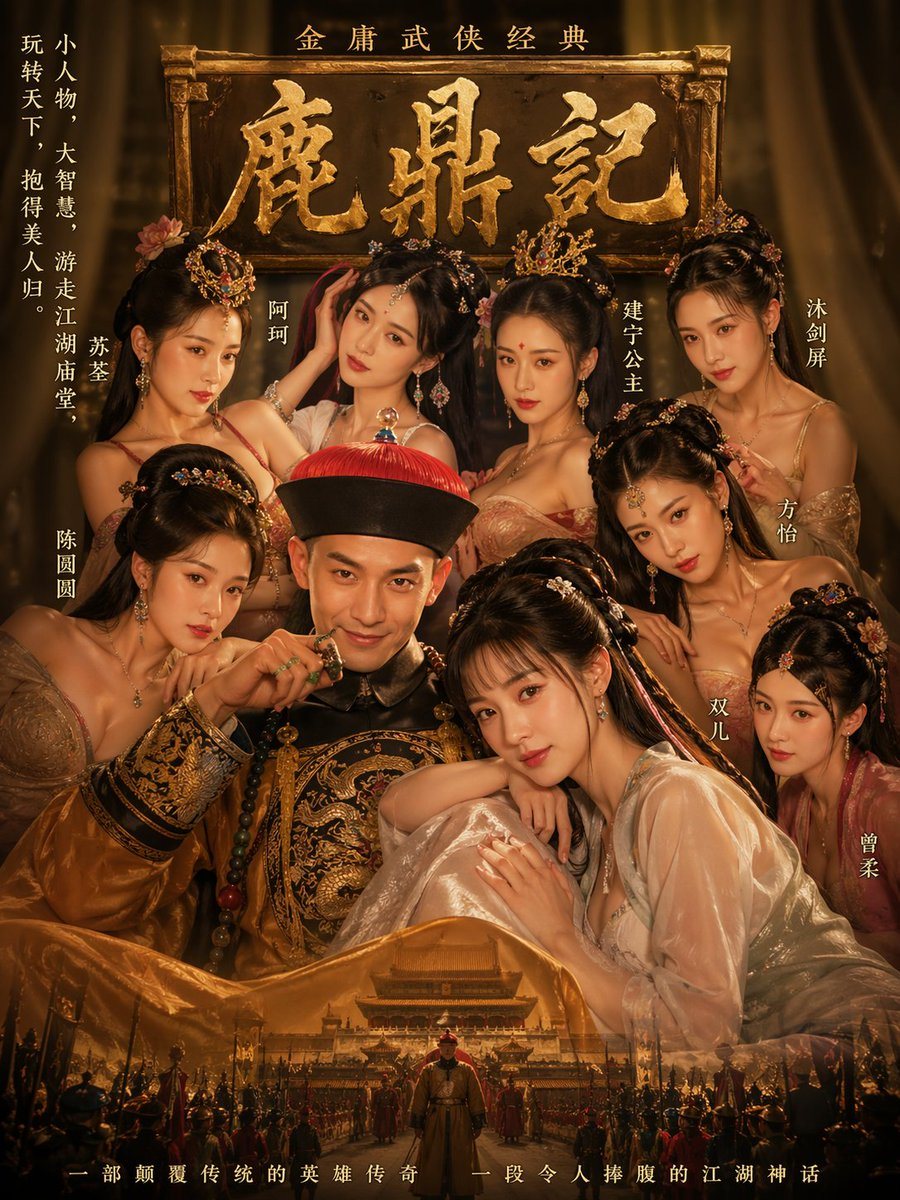 A dramatic vintage Chinese martial-arts movie poster in a luxurious dark-gold and amber palette, styled like a classic historical epic. Center the composition on a young imperial man seat...