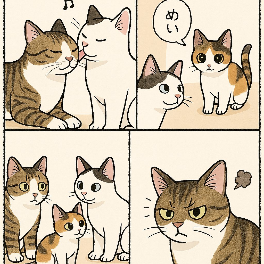 A cute hand-drawn four-panel comic in a soft, warm, slice-of-life style on a light cream background with thick black panel borders and slightly textured paper grain. Use simple rounded ca...