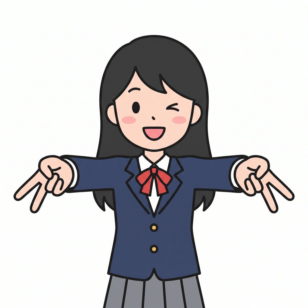 A simple cute flat vector illustration of a cheerful Japanese schoolgirl centered on a plain light gray background, shown from about mid-thigh up in a front-facing pose. She has long stra...