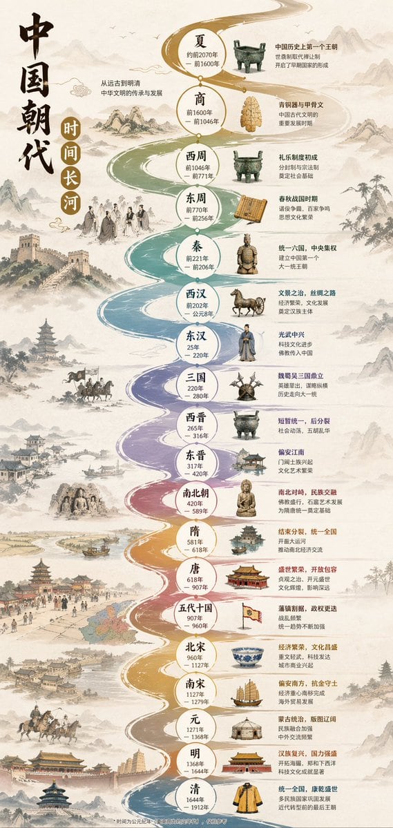 一款专为 GPT Image 2 设计的垂直信息图提示词，旨在创作一条河流风格的中国朝代时间轴，并配有小型图标和波浪形轴线。