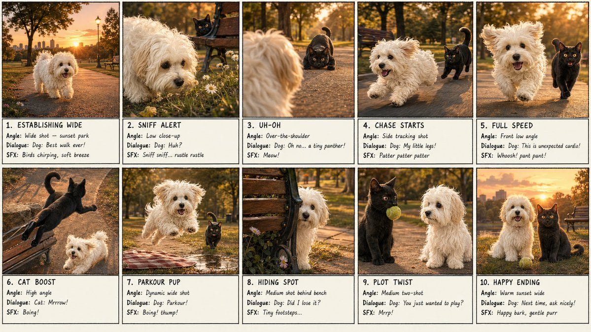 Generates a photorealistic 10-panel storyboard sheet of a fluffy white dog and a black cat playing through a sunset park chase, useful for storyboarding, pitch decks, or AI video planning.