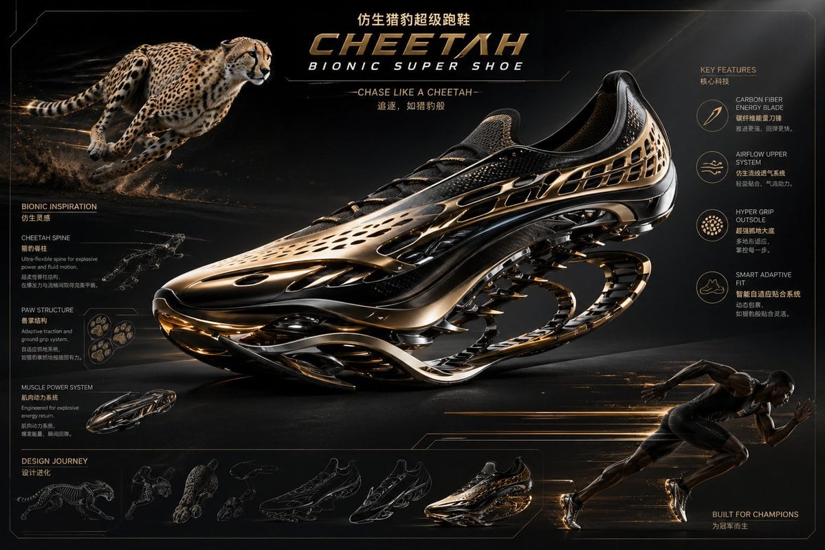 Extreme futuristic cheetah bionic super shoe, hybrid of supercar and running sneaker, aggressive mechanical structure, layered carbon fiber, glowing energy core, dynamic speed trails, bla...