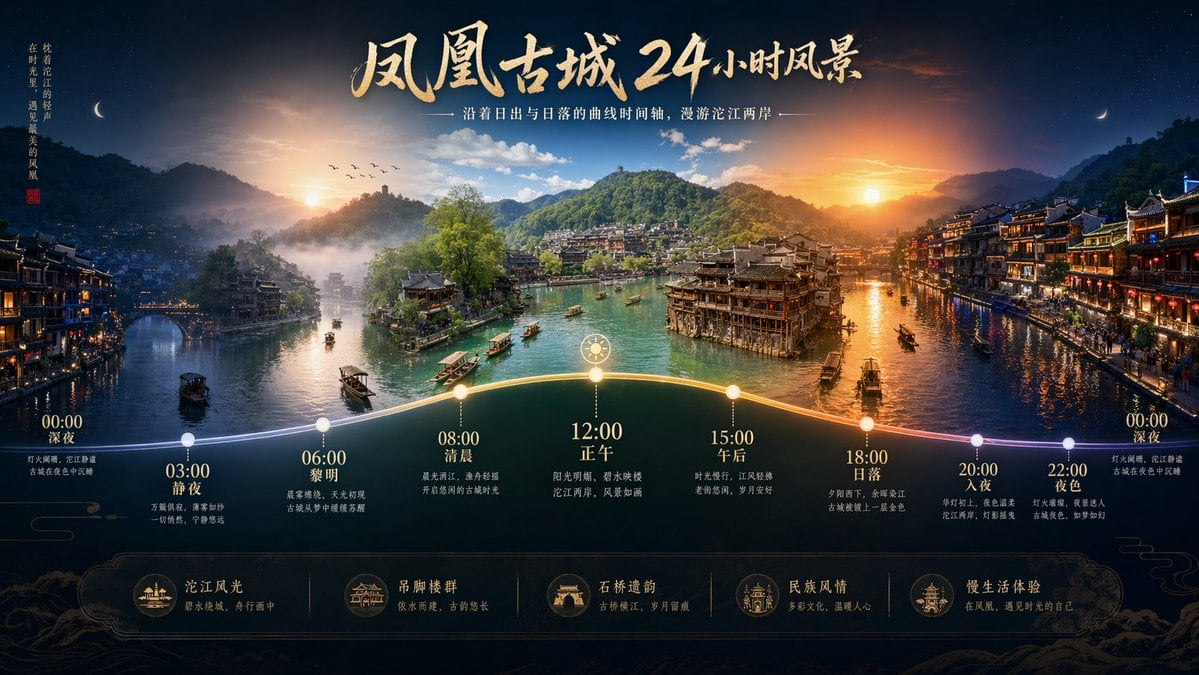 一个旨在通过日出/日落曲线风格,创建风景名胜 24 小时视觉时间轴的提示词。
