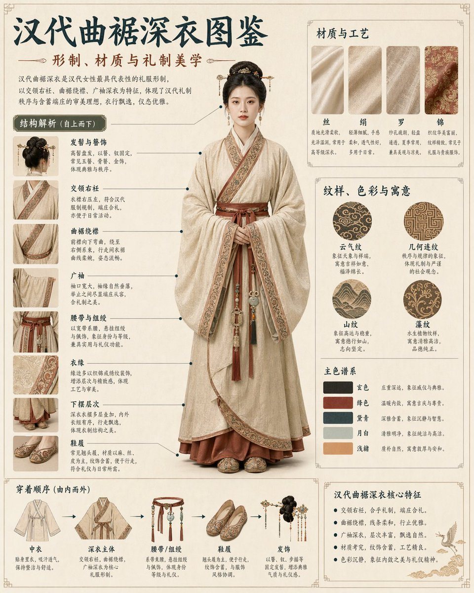 Generates a highly detailed, multi-section educational infographic detailing the components, materials, and history of traditional garments.