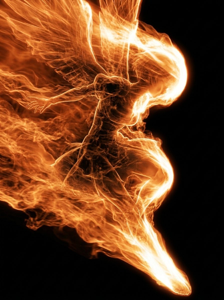 This prompt generates a single dramatic fantasy figure of a winged woman formed entirely from glowing fire, ideal for mythic character art or supernatural poster imagery.