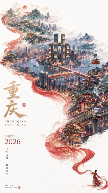 Generates a stunning, surreal travel poster blending traditional ink-wash aesthetics with hyper-realistic modern cityscapes, perfect for tourism campaigns or event promotions.