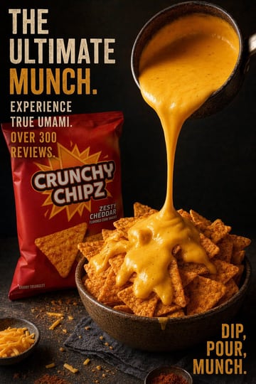 Create a dramatic studio food advertisement poster on a dark black textured background with moody, high-contrast lighting and rich warm orange tones. The composition is vertical and split...
