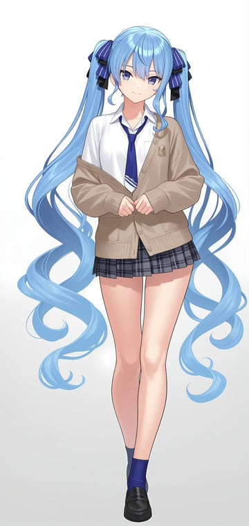 A full-body anime illustration of Hoshimachi Suisei featuring long light blue hair styled in voluminous twin tails secured with dark blue striped ribbons. She has soft purple eyes and a g...