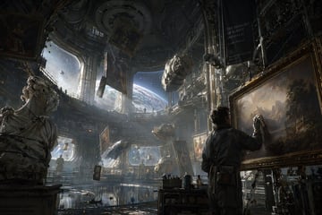 A cinematic sci-fi illustration of a vast, ornate space station museum orbiting an Earth-like planet. In the foreground, a man in a dark utility jumpsuit carefully cleans a large, framed...