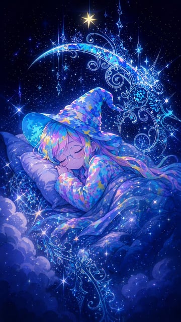 An ethereal anime illustration of a young anime witch sleeping peacefully on a soft pillow, tucked under a voluminous, starry blanket that seamlessly blends into a bed of clouds. She has...