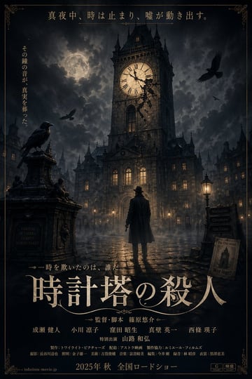 Generates a cinematic movie poster for a dark mystery thriller featuring a detective, a clock tower, and customizable Japanese typography.
