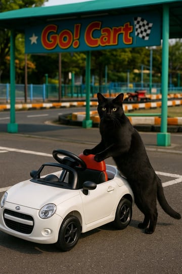 A realistic photograph of a black cat standing on its hind legs, with its front paws resting on the red seat of a small, white toy convertible car. The scene takes place at an outdoor go-...