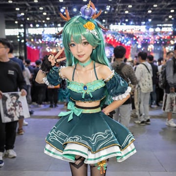 Photorealistic portrait of a female cosplayer at a crowded anime convention hall. She has long teal hair, heterochromia, one blue and one amber eyes, and wears deer antlers and a small pu...