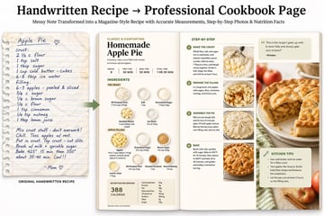Handwritten Recipe → Professional Cookbook Page Upload a messy handwritten family recipe; the model searches for accurate modern measurements/nutrition, then generates a polished, magazin...