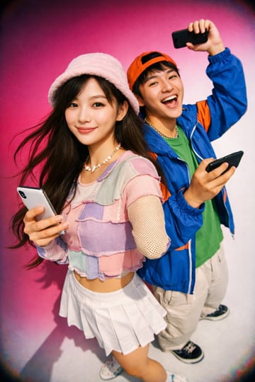 A vibrant, high-contrast Y2K fashion photography shot of two young East Asian adults. In the foreground, a young woman smiles softly at the camera, wearing a fuzzy pink bucket hat, a past...