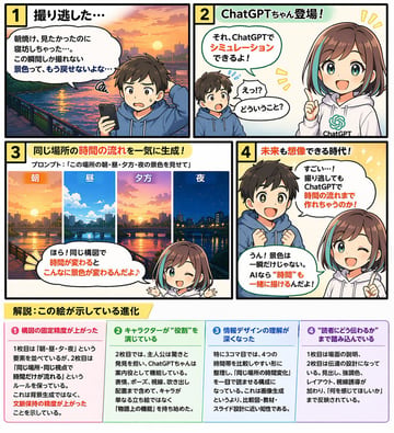 生成包含 4 格漫画和 4 列信息图表部分的复杂布局，非常适合教程或功能说明。