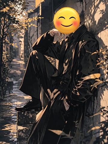 An anime-style illustration of a figure leaning against a textured stone wall in a narrow, sunlit alleyway. The figure has a large yellow smiling emoji with rosy cheeks for a head. They w...